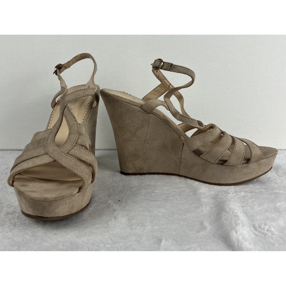 Herstyle Women’s 10 Tan Faux Suede Platform Wedge Sandals Strappy Ankle Buckle